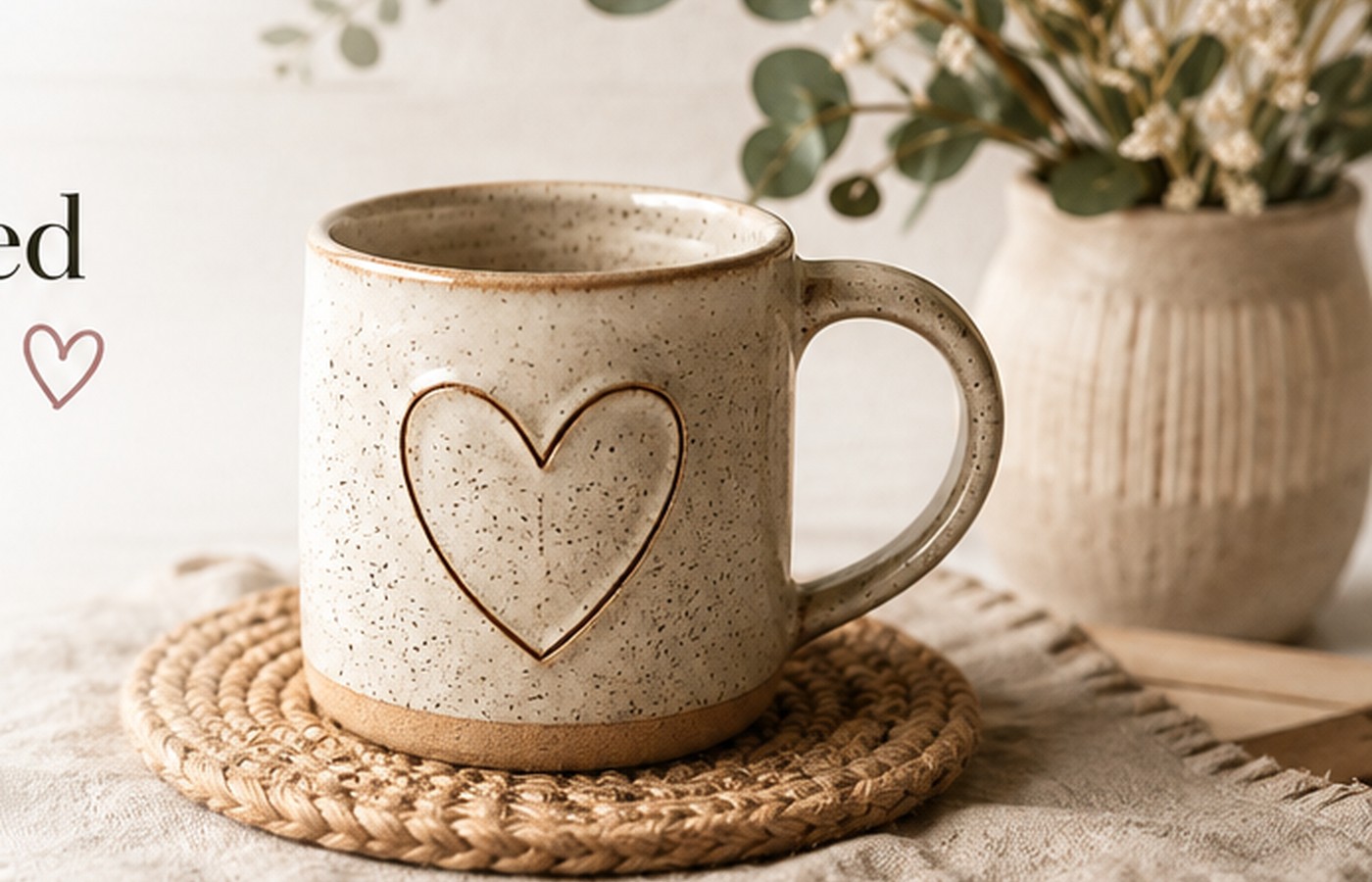 Handcrafted ceramic mug with heart detail